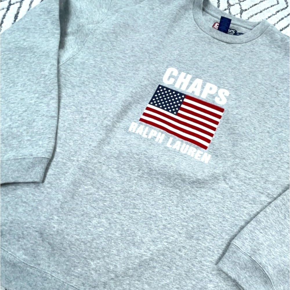 Vintage Chaps Ralph Lauren Sweatshirt Men XL Gray USA American Flag Sweater 90s - Picture 3 of 12